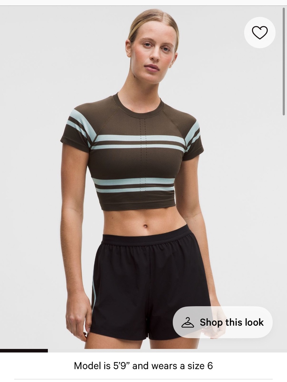 Swiftly Tech Cropped Short-Sleeve Shirt 2.0 - Brown with Blue Stripes, size 6